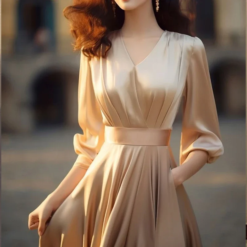 Summer New Solid Color Satin Face Midi Dress Women V-neck Fashion Half Sleeve Dresses High Street Elegant Pleated Chic Z721