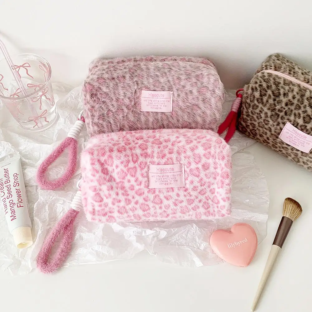 Leopard Print Plush Makeup Bags with Handle Portable Travel Cosmetic Storage Bag Toilet Bag Cute Pencil Case Fashion Handbag image 4