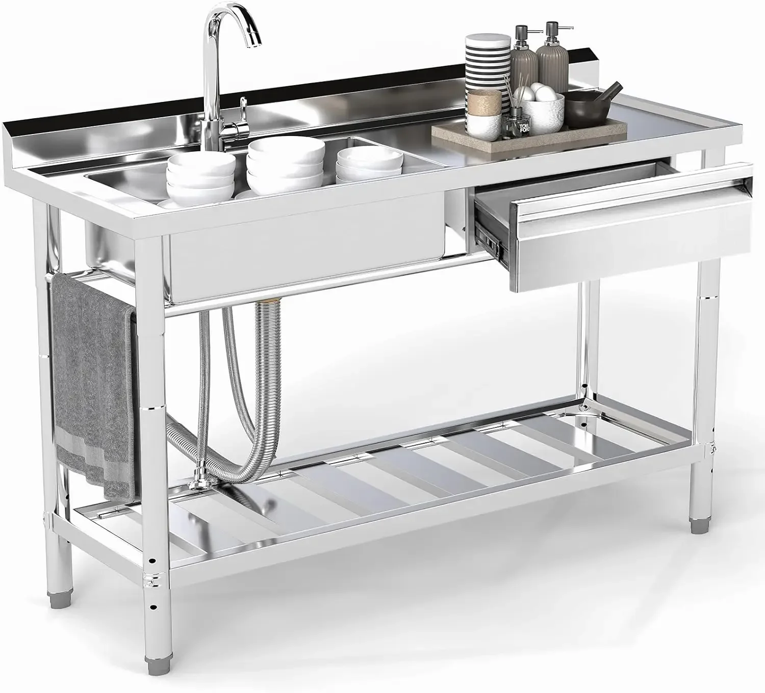 Stainless Steel Utility Sink, 47.2'' Free Standing Single Bowl Kitchen Sink with Left Right, Cold and Hot Water Pipe