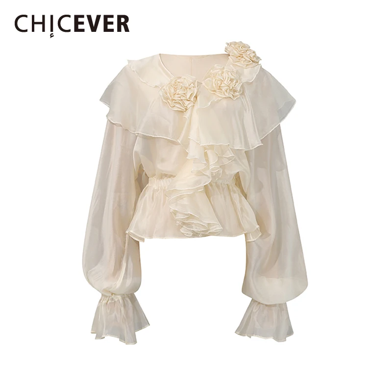 

CHICEVER Solid Spliced Flowers Chic Shirt Female V Neck Butterfly Sleeve Elegant Design Women's Shirts Summer Style Fashion New