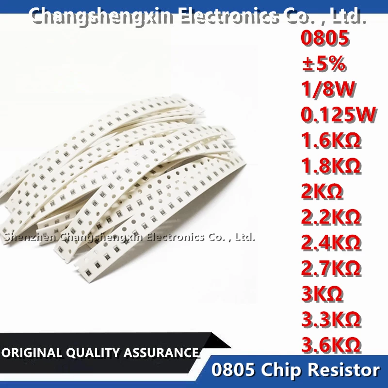 100 Stuks 0805 Smt Chip Weerstand Tolerantie ± 5% 1/8W 0.125W Weerstand 1.6kΩ 1.82kΩ 2.2kΩ 2.4kΩ 2.4kΩ 2.7kΩ 3kΩ 3.3kΩ 3.6kΩ Ohm