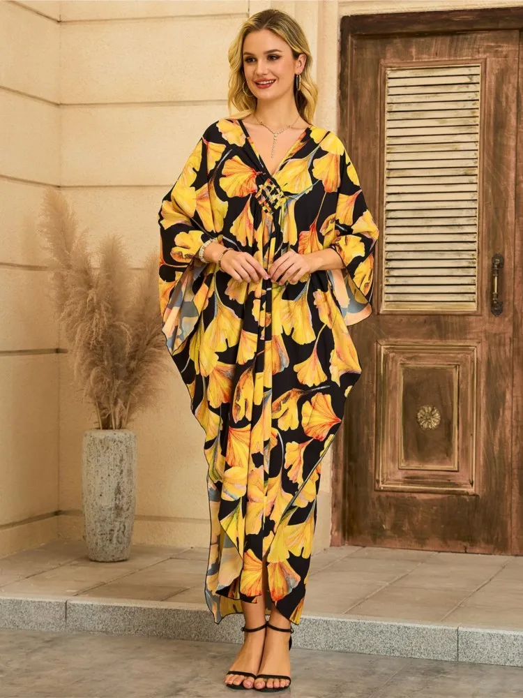 

Summer Cover Ups Women Swimsuit Batwing Sleeve Robes Bathing Suit 2026 New Flower Print Beach Holiday Maxi Dresses Cover-Up