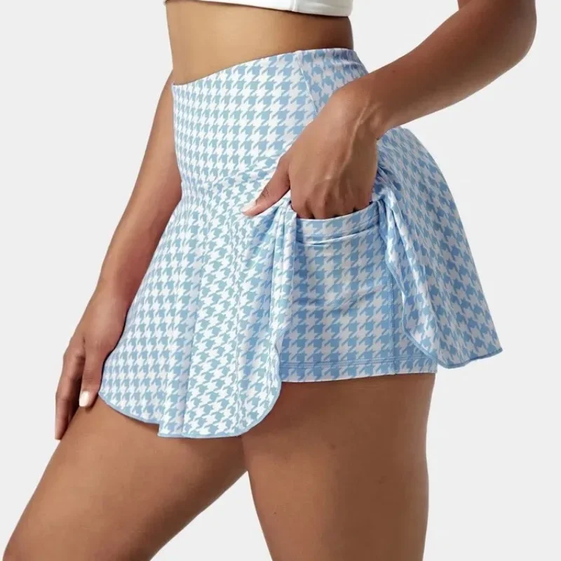 Women's High Waist Tennis Skirt with Pocket Blue Pink Check Print Skort Quick Dry Golf Workout Flared Mini Skirt 2026 New