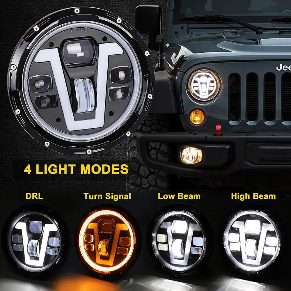 OVOVS 2 Pcs 7inch 50W Round Led Headlights V Type DRL Amber Angel Eyes Lamps For 2007-2017 Jeep Wrangler