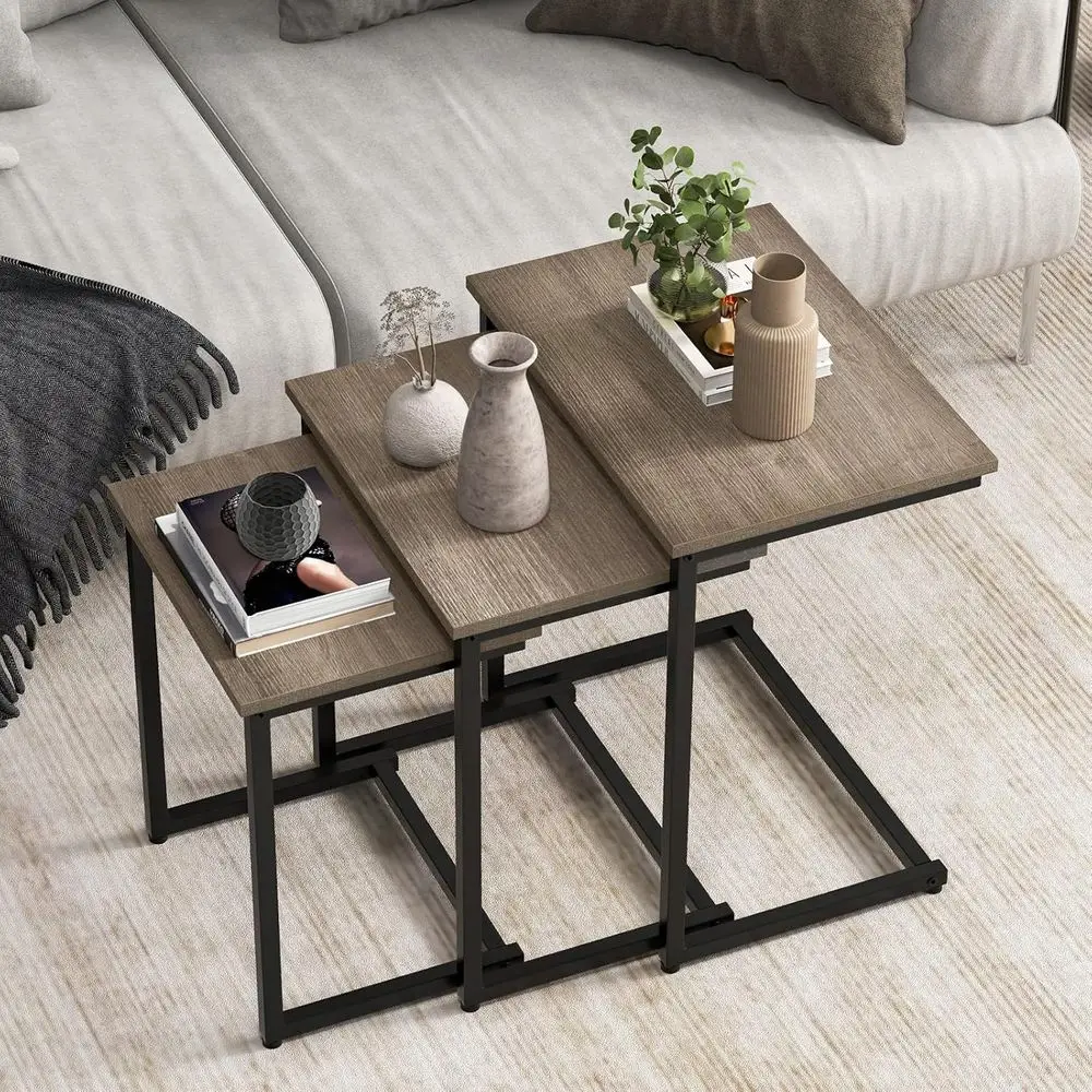 Nesting Coee Table Set o 3, Stackable Square End Table w/Wood Grain Tabletop & Heavy-Duty Metal e, armhouse C-Shaped Accent Tabl