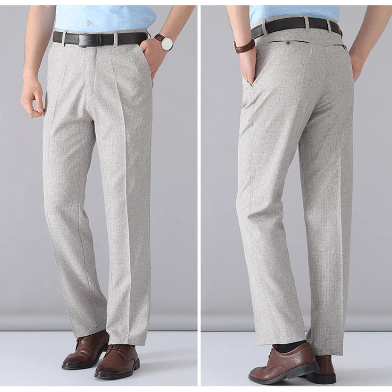 Casual Linen Pants for Men Loose Trousers Summer Thin Male Dress Pants Breathable Grey Solid Color Straight High Waist Man Pants