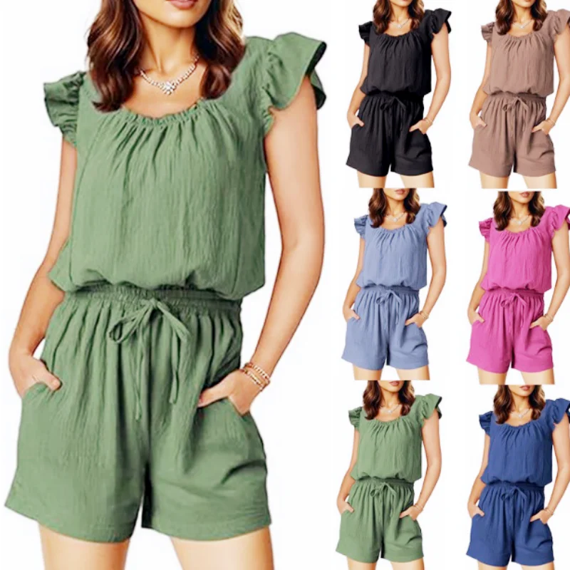 

Women Summer Casual Bandage Pleated Short Sleeves Square Collar Drawstring Pockets Shorts Jumpsuit Jumpsuits Suit Suits