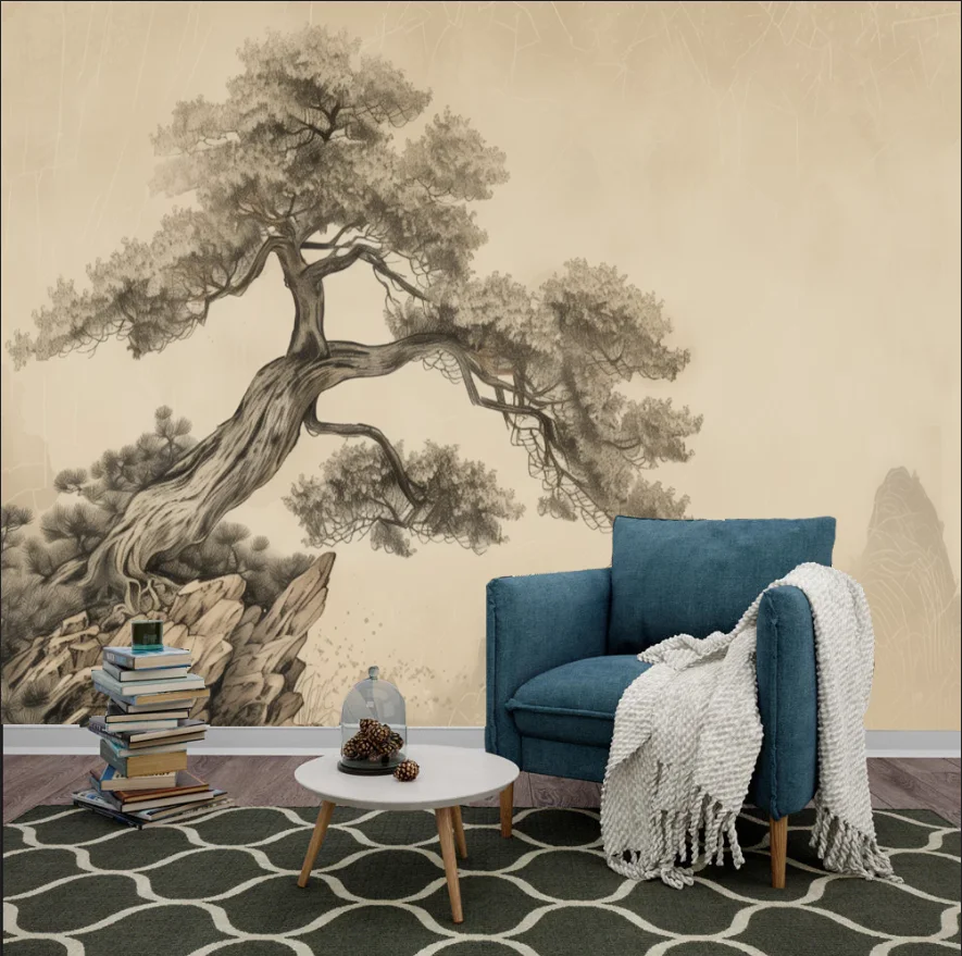Customized Size Wallpaper, Chinese Artistic Conception, Ink Landscape Mural, Retro Big Tree Mountain Decoration Painting Mural