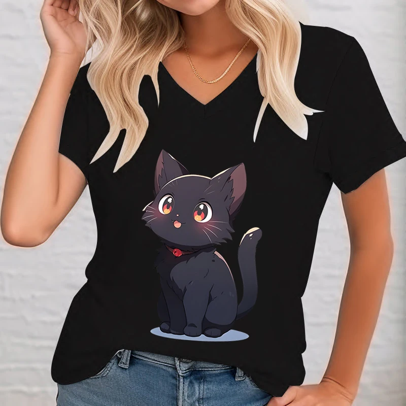 Anime Zwarte Kat Print Vrouwen T-Shirts Street Hiphop Tops T-Shirts Zomer Cartoon Kitten V-Hals Kleding Mode Vrouwen Korte Mouw