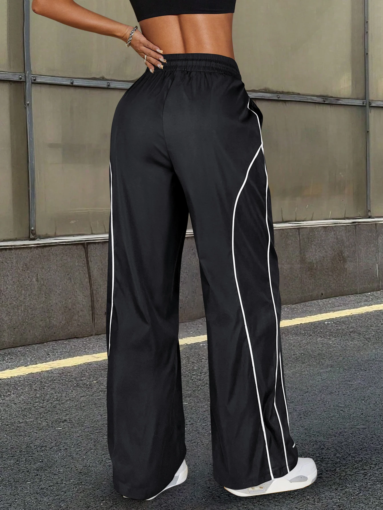 Y2K Casual Gestreepte Contrasterende Elastische Taille Werkkleding Parachutebroek Dames Mid-Rise Trekkoord Wijde Pijpen Loose Fit Cargo Broek