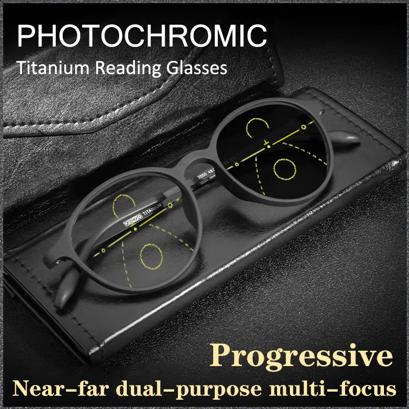 Übergangs-Photochrome multifokale TR90-Lesebrille mit rundem Rahmen, progressive Anti-Blau-Damen-Ultraleichte Brille – Detail 1