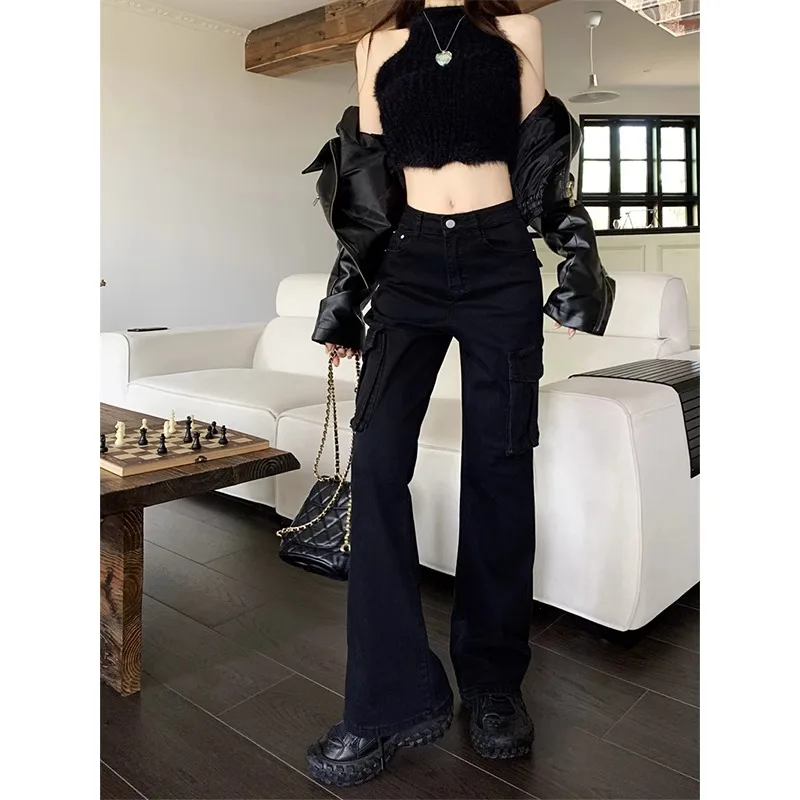 Black high waisted work pants women's four seasons fashionable high street design versatile and slimming straight leg denim