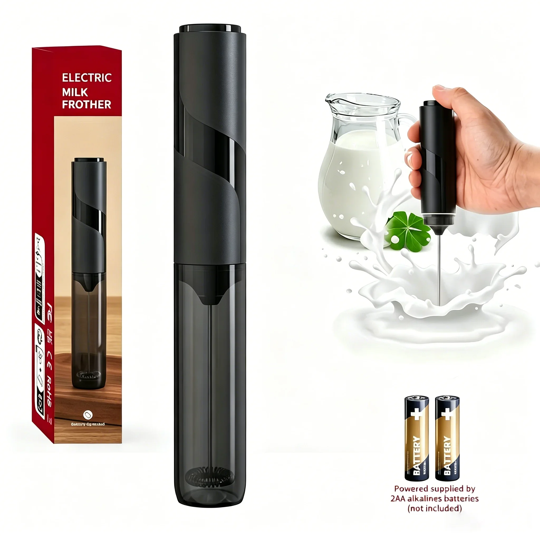 

Milk Frother, Unique Matte-Glossy Grip Design, 304 Stainless Steel Whisk, Low Noise with Storage Sleeve for Travel