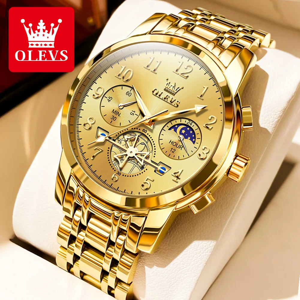 

OLEVS Men's Watches Luxury Gold Original Quartz Wristwatch for Man Rotating Flywheel Chronograph Wateproof Luminous Moon Phase