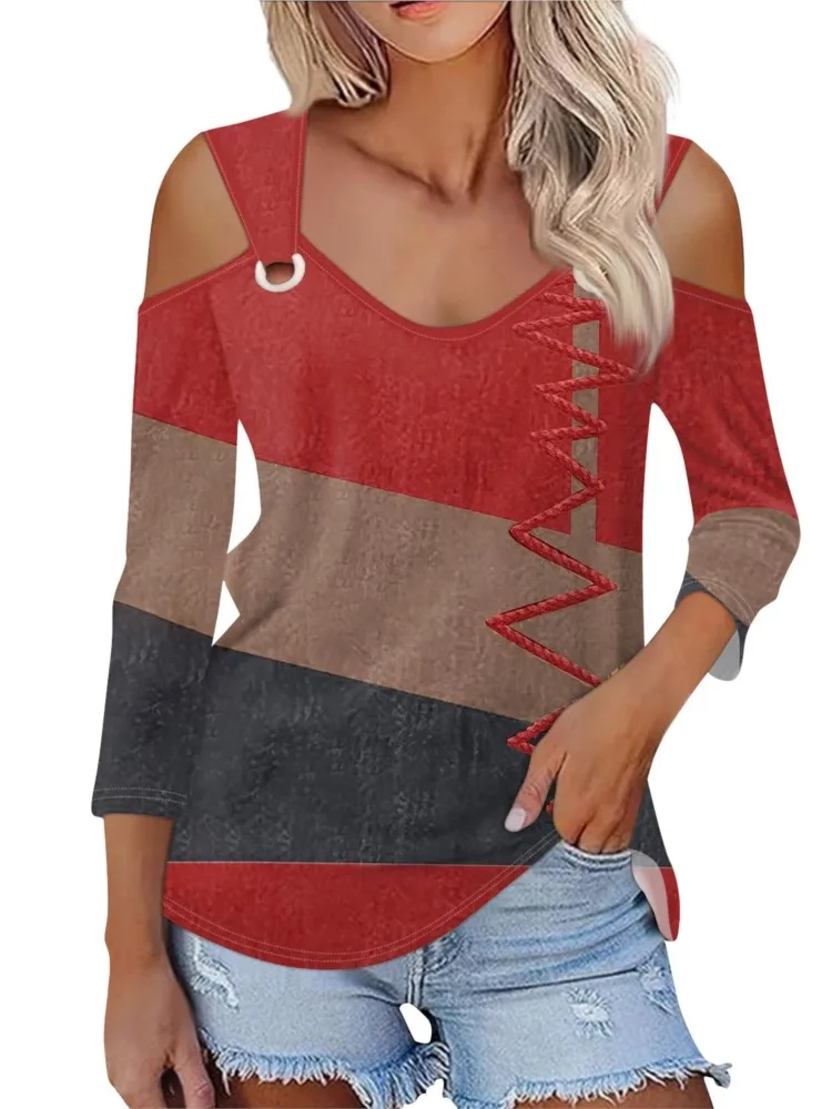 

New Autumn Long-sleeved Off-shoulder Casual Loose Metal Button Printed T-shirt Women Fashion V Neck Elegant Office Top Tshirts