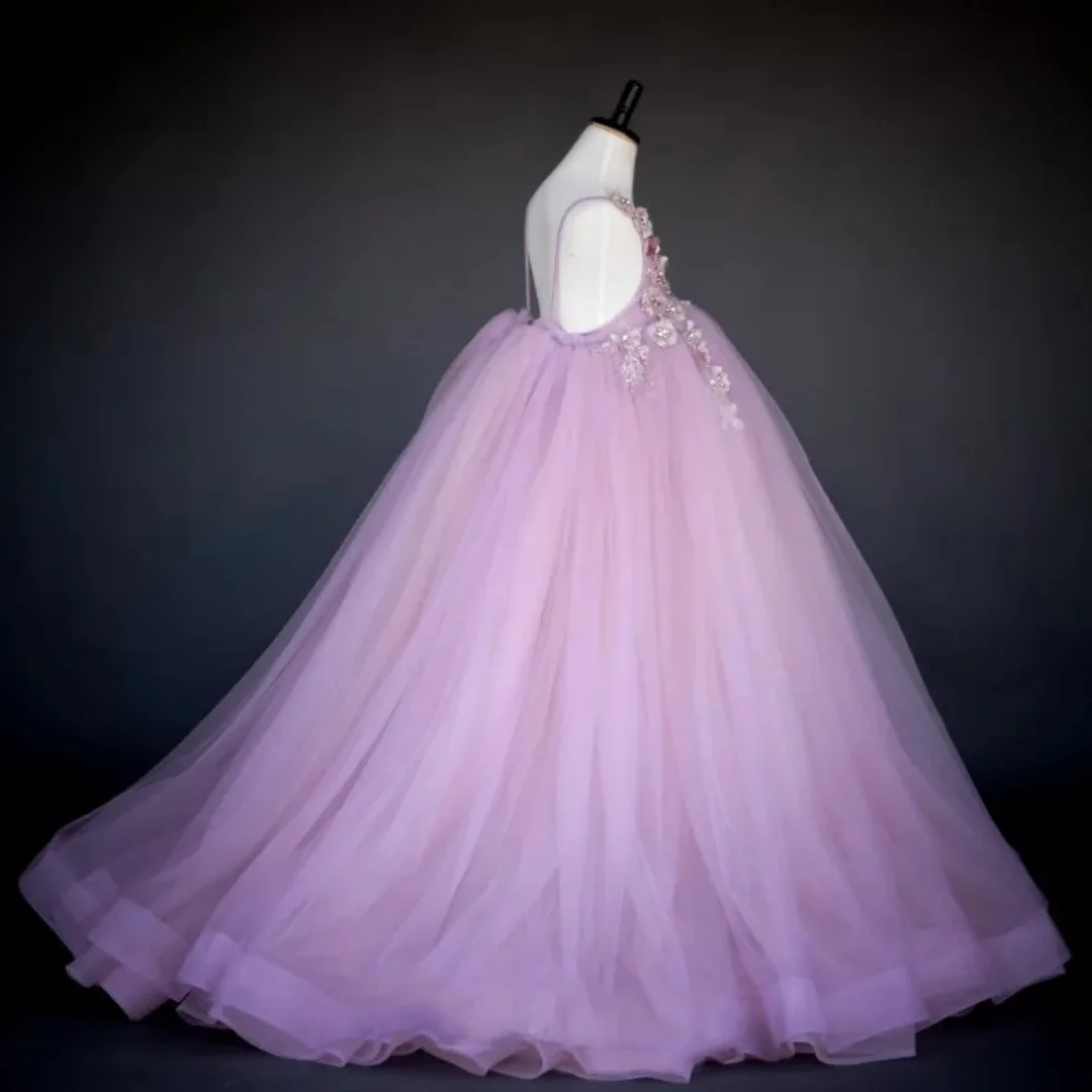 ライトパープルフラワーガールドレス結婚式用レースアップリケノースリーブボールガウン女の赤ちゃんの誕生日ボールガウンカスタマイズ