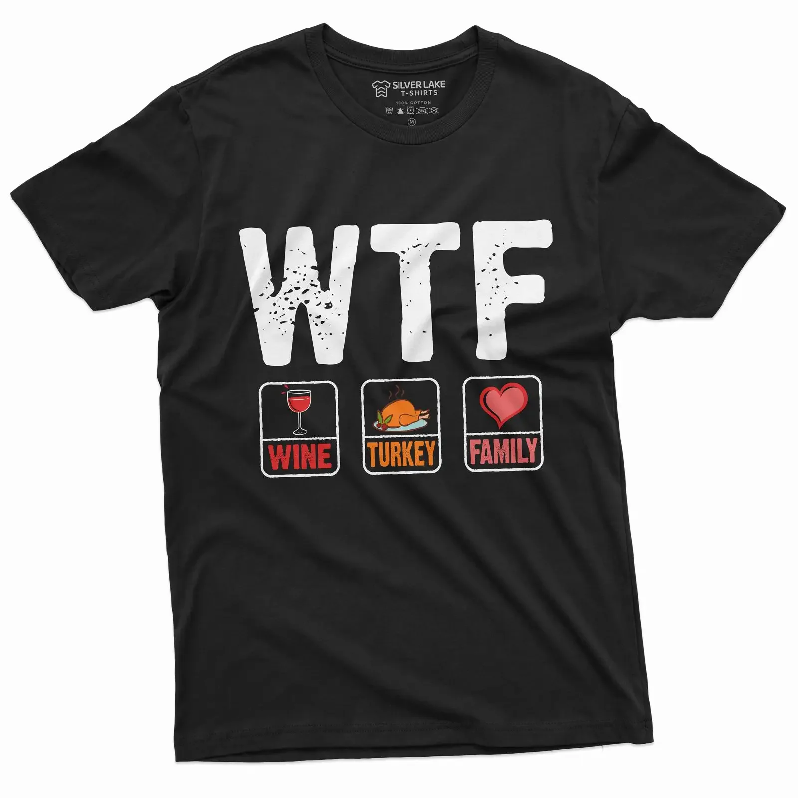 Thanksgiving Funny T shirt WTF Wine Turkey Family Dinner Humor  vintage Washed Stretched graphic Casual homme Stylish