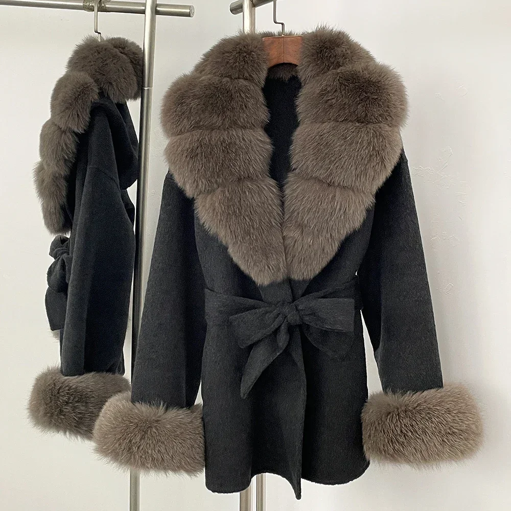 Natuurlijke bontkraag Echte vossenbontjas Luxe 2025, winter Dames Wollen jas met lange mouwen Bont Afneembare dames bovenkleding Wollen jas