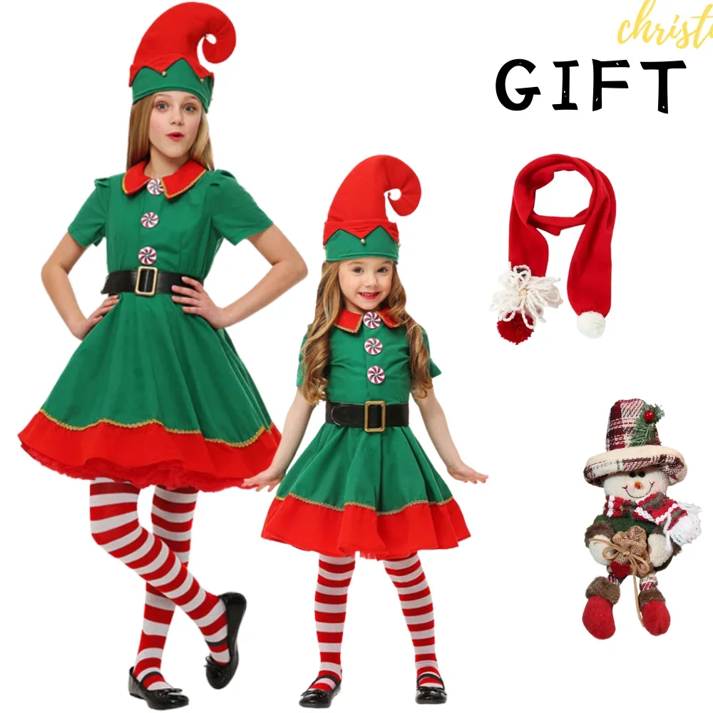 

Santa Claus costume Green elf role-playing girl dress Gift scarf and Christmas pendant