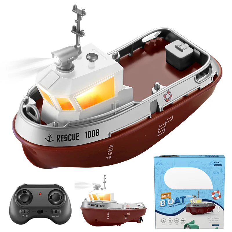 S820 1:32 RC Tugboat Dual Motors Electric Remote Control Boat with LED Light Switch, 2.4G Wireless Model Ship Toys for Kids Gift