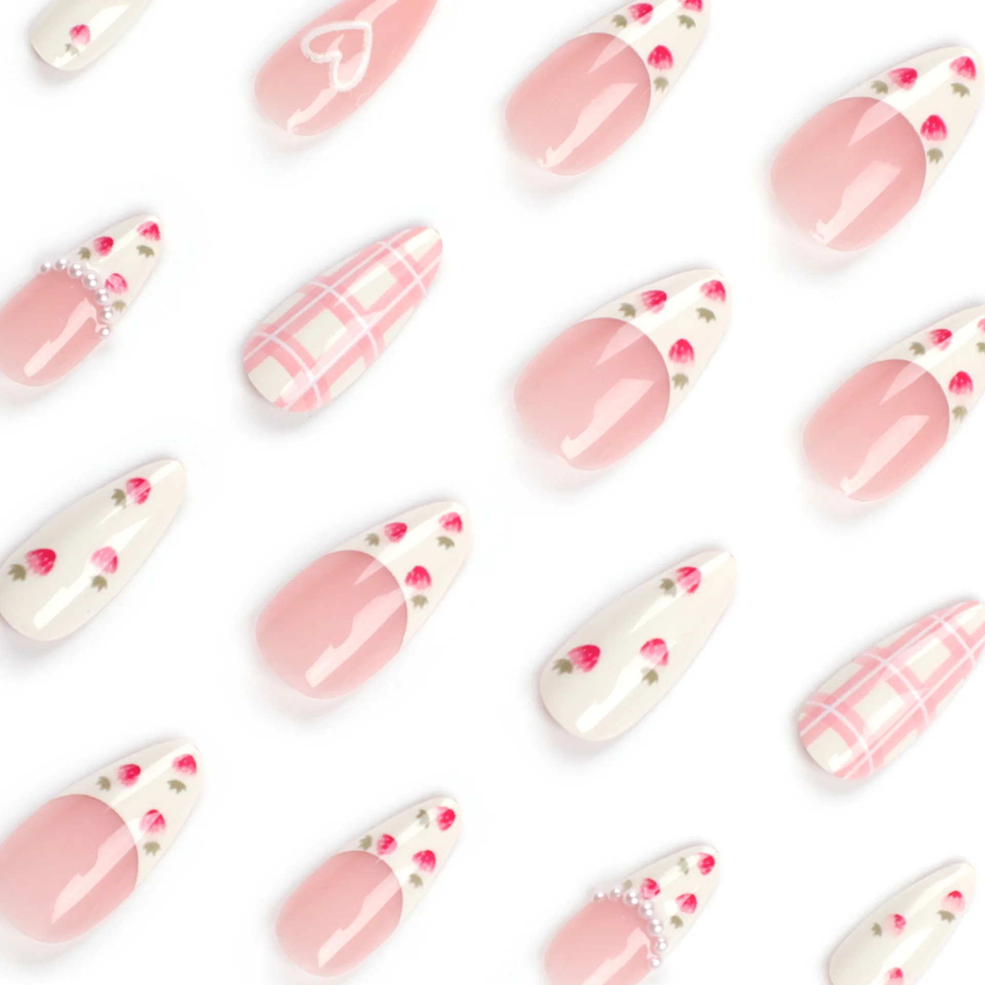 Sweet Strawberry Press on Nails French Pearl Design Almond False Nails Girl Gifts Detchable Full Cover Korean Fake Nail Patches