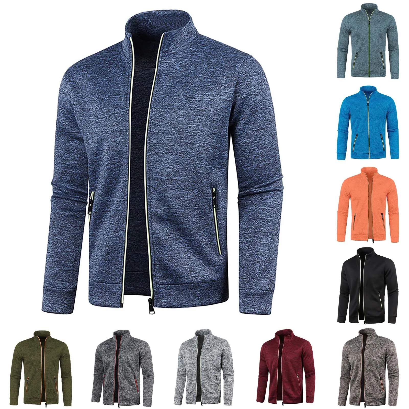 2025 High Quality Autumn Winter Men's Zipper Knitted  Long Sleeved Jacket Thin Velvet stand collar Top Casual Fashion Coat