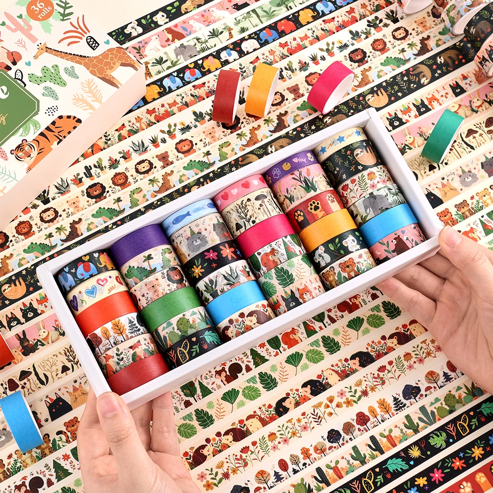 36 Rolls Vintage Animal Party Washi Tape Set 3 Widths Retro Decorative Tapes  for Scrapbooking Bullet Journals DIY Crafts 