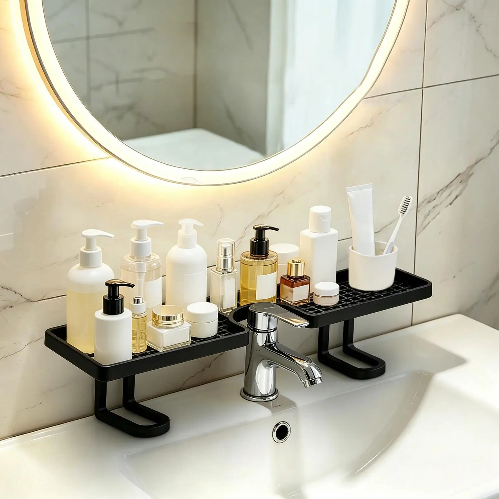 Faucet Shelf for Bathroom Sink 19.69 Inch U Shape No-Drill Over The Bathroom Sink Organizer for Toothbrushes Cups Cosmetics