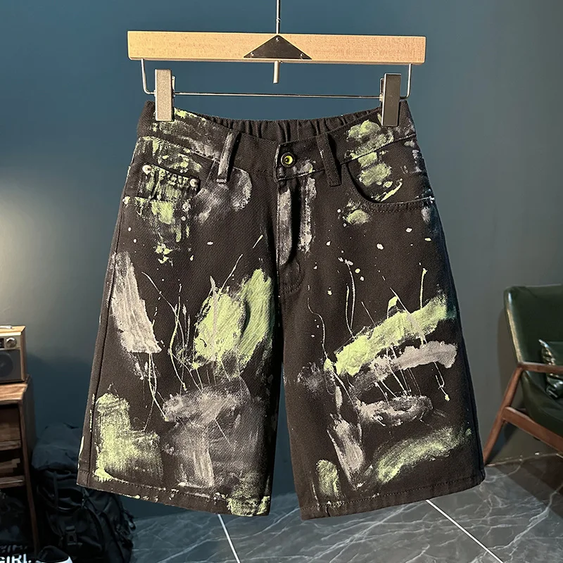 Fashion paint printing design denim shorts men's summer handsome street style trendy unique graffiti loose shorts