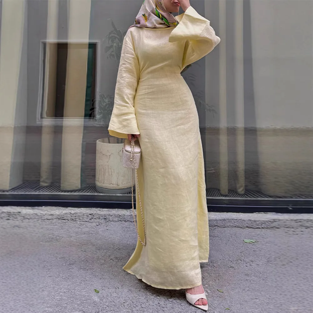 

2025 Autumn and Summer Women's Clothing New Style Style One Piece Collar Long Sleeve Waist Strap Dress Horn Sleeve