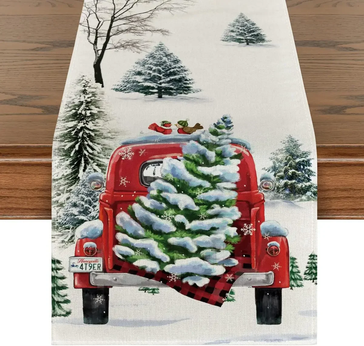 

Christmas Snow Tree Truck Linen Table Runners Holiday party decor Farmhouse Kitchen dining table runner Christmas decorations