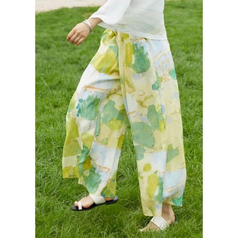Straight Pants Drape Fabric 2026 Casual Summer Gradient Floral Korean Style Trousers Women Clothing Pleated Flowing Baggy Pants