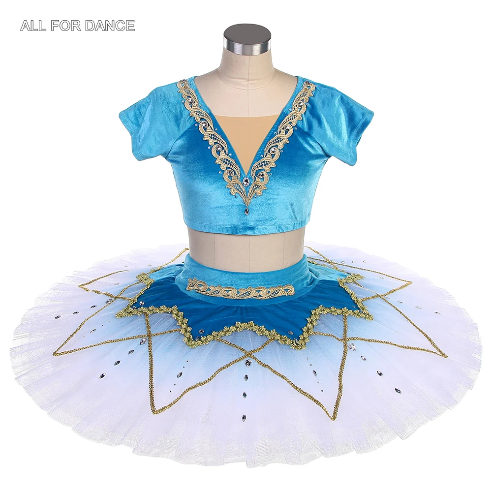 

BLL559 Short-sleeves Lake Blue Velvet Top with Ombre Blue Pancake Tutu Skirt for Girls & Women Ballet Performance Dancewear