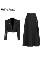 TWOTWINSTYLE Luxury Style Slimming Two Piece Set For Women V Neck Long Sleeve Spliced Tassel Top High Waist Skirt Set Female New