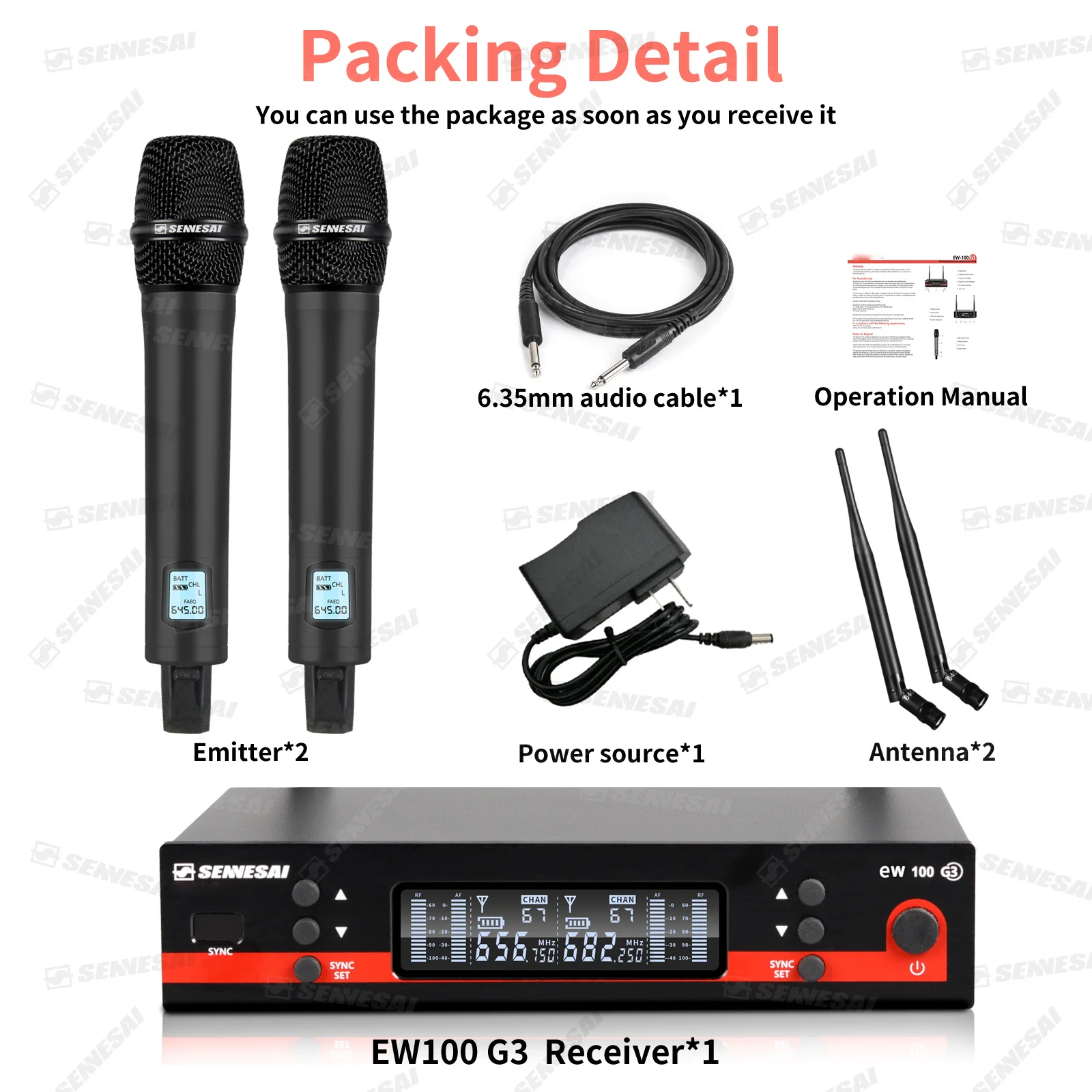 SENNESAI Em100g3 전문 듀얼 무선 마이크 무대 공연 2 채널 600-699MHz UHF 가라오케 금속 핸드헬드