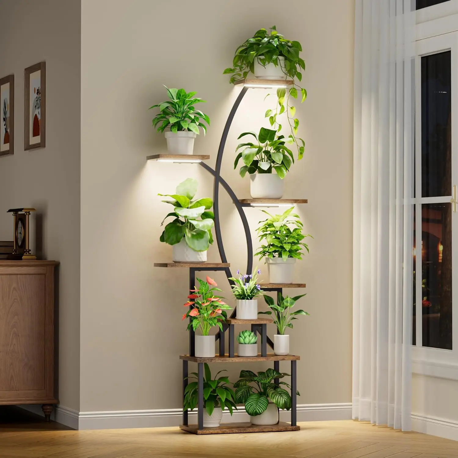 8-Tier Indoor Plant Stand with Grow Lights, 65" Tall Metal Shelf for Plants, Living Room Corner Display Rack