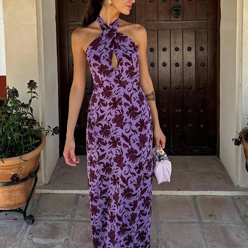 2025Summer New European and American 's Fashion Halter Neck Off-Shoulder Printed Backless Slit Dress Women