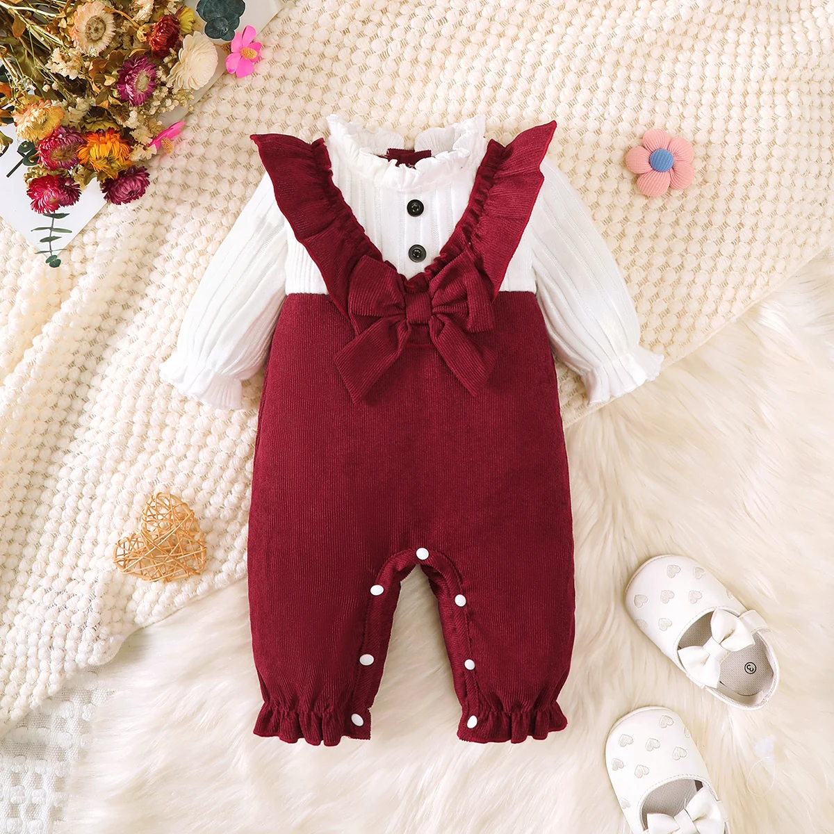 0-18 Months Baby Girl Jumpsuit Ruffle Bow Wine Red Long Sleeved Jumpsuit Suitable Cute Baby Girl Young Child Comfort Clothing