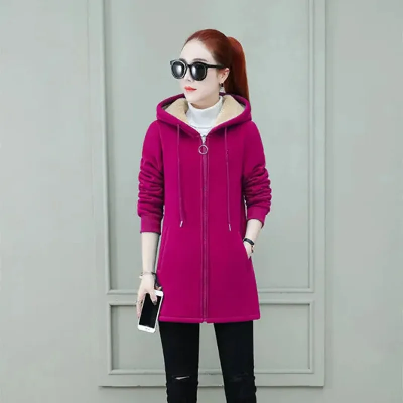 Women\'s Cashmere Hoodie Autumn Winter Mid Length Thick Coat 2024 New Loose Cardigan Hooded Warm Jacket Trendy Clothes For Women