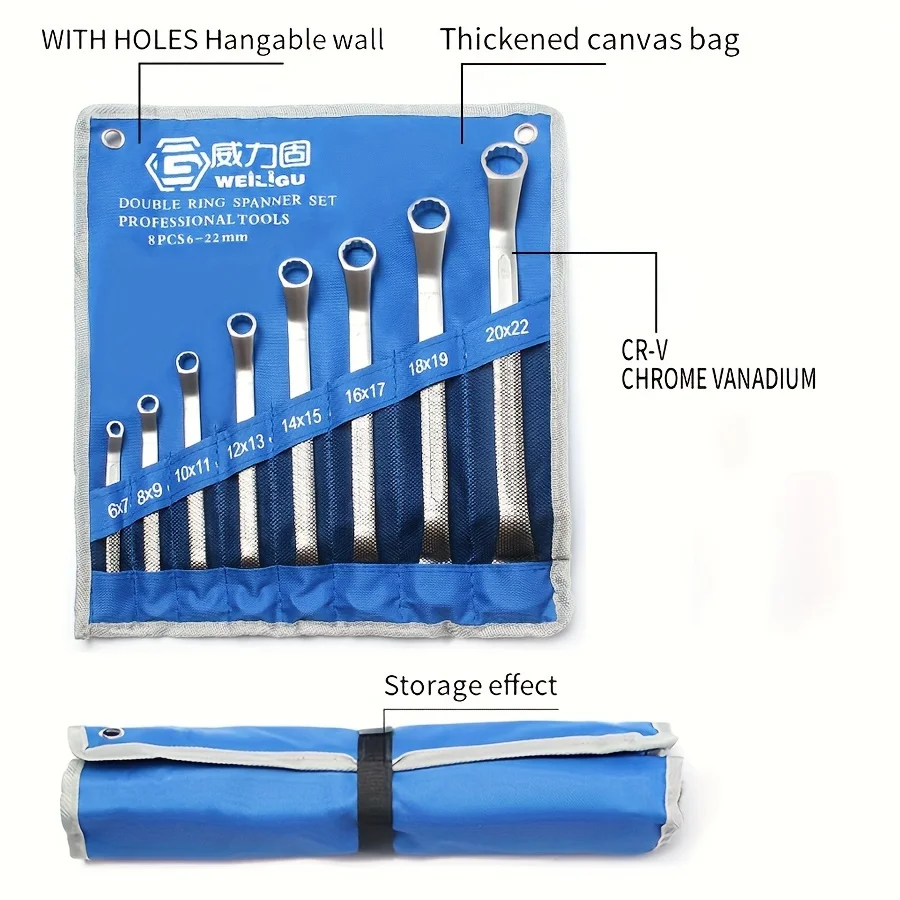 Combination set concave double ring wrench portable canvas bag double end ring wrench set S2 steel material combination set