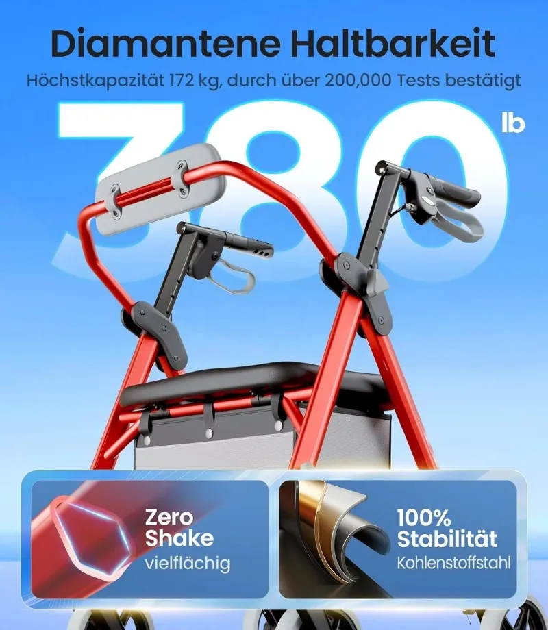 Lightweight Folding Aluminum Medical Walker with Seat Height Adjustable for Elderly Disabled
