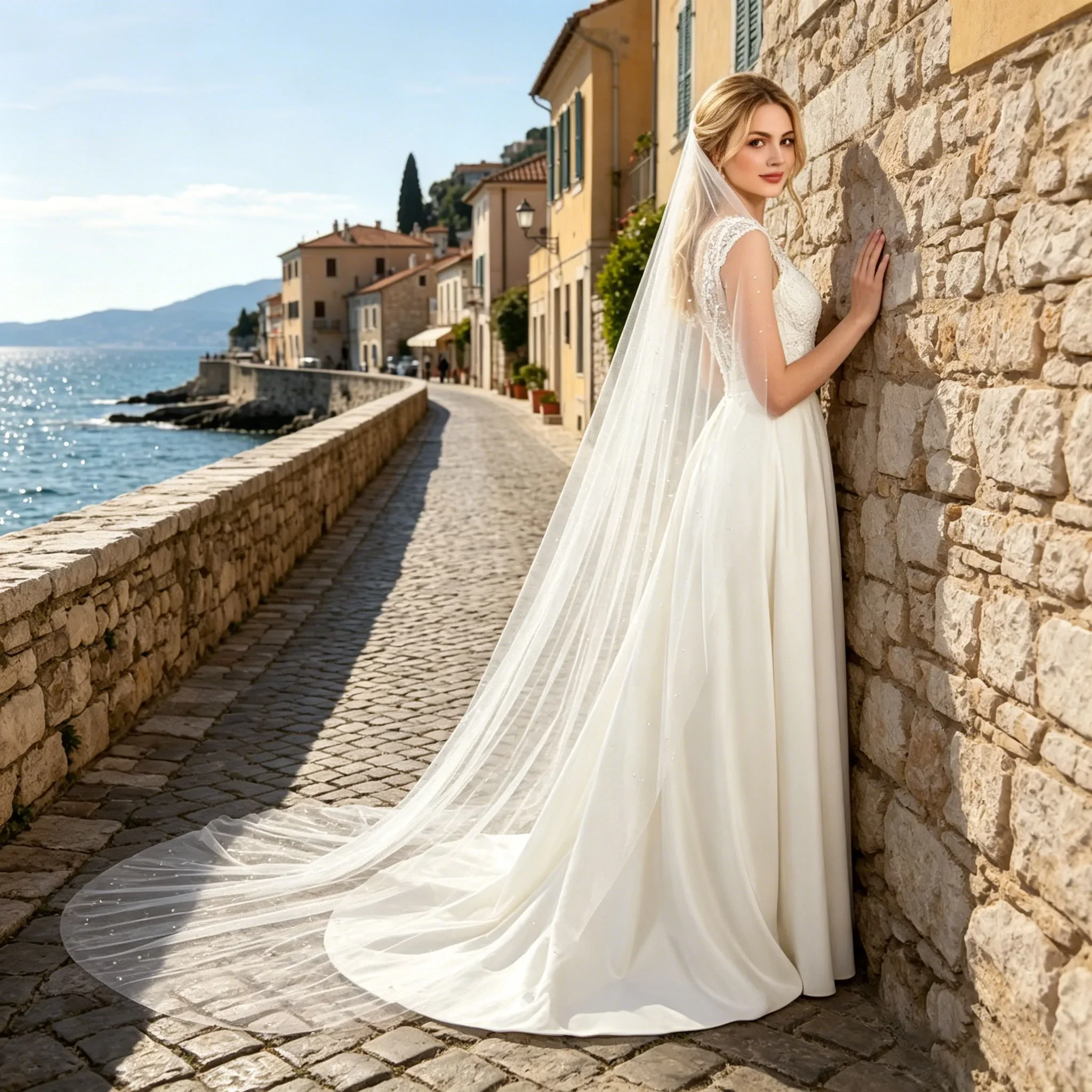 Cathedral Length Bridal Veil Pearls Adorned Customizable Luxury Wedding Dress Accessory with Comb for Bride