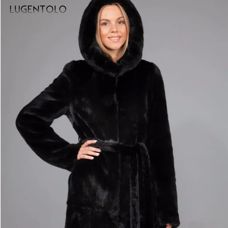 Lugentolo-abrigo de piel sintética con capucha para mujer, ropa de abrigo larga, suave y esponjosa, color negro, informal, elegante, para Otoño e Invierno