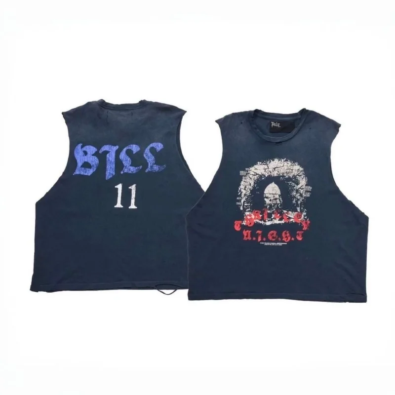 

Мужская футболка без рукавов большого размера Paly темно-синего цвета — модный стиль с потертым принтом