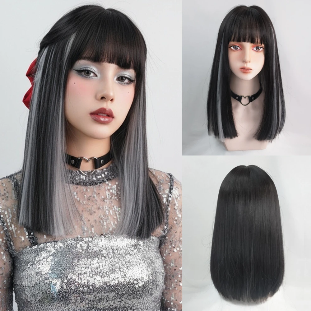 Short Straight Bob Wigs with Bangs Synthetic Hair Heat Resistant Fiber Natural Daily Wear Cosplay Party Adjustable Wig