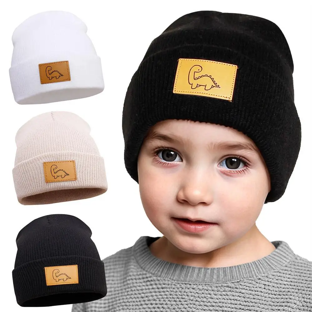 Gorro de invierno con diseño de dinosaurio para niños, gorro elástico liso para bebé, gorros cálidos de punto suave