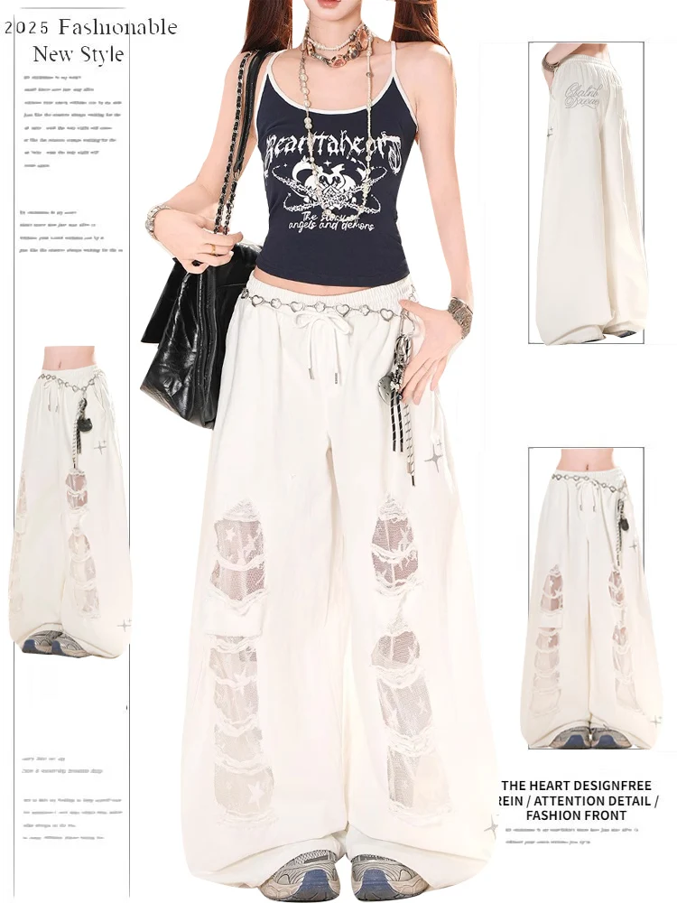 

Ретро американский летний дизайн с кружевными отверстиями и широкими штанинами, повседневные свободные женские джинсы, джинсовые брюки, дышащие, удобные, прямые...