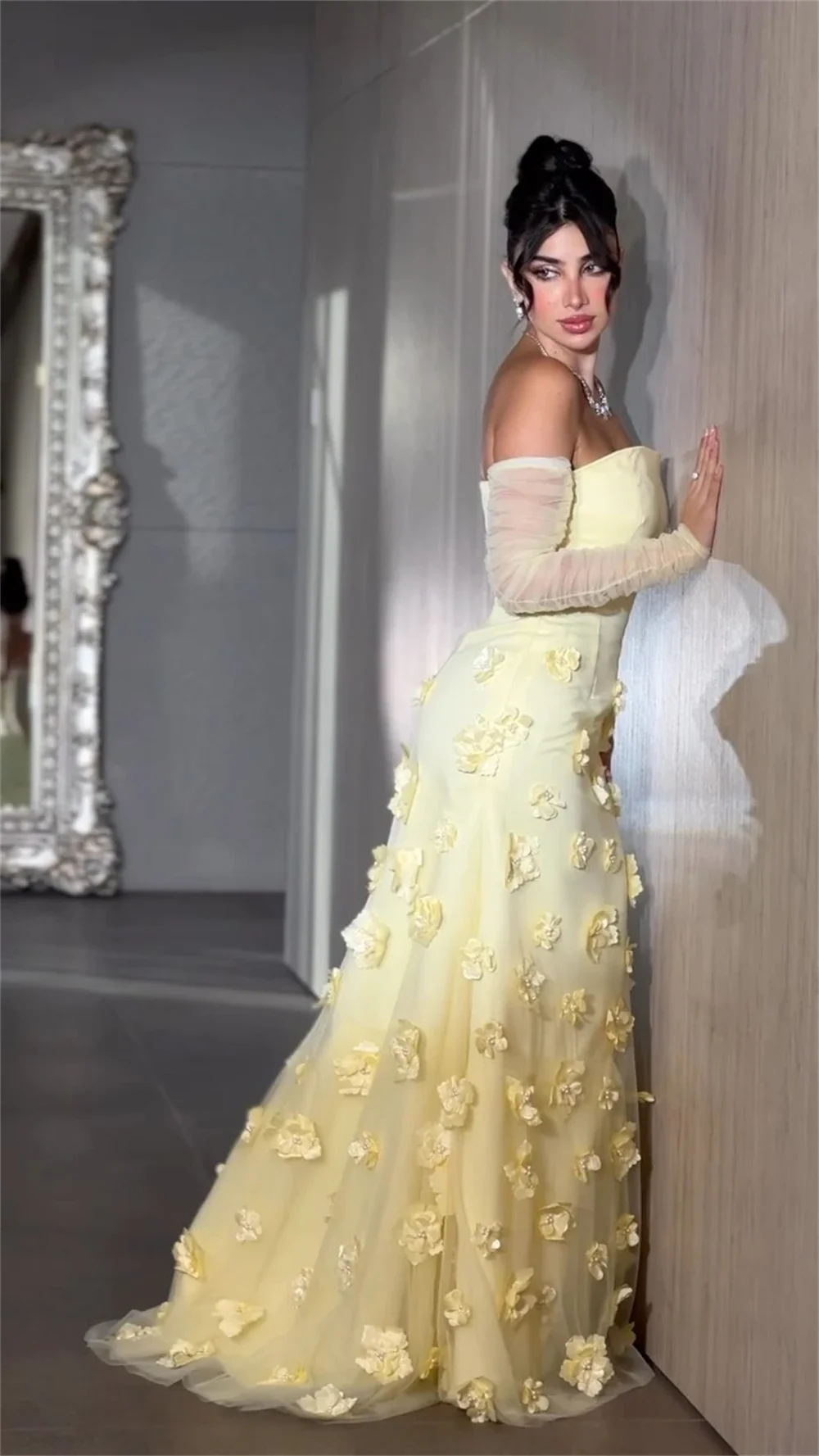 Customized Saudi Arabia Prom Dress Formal Strapless A-line Floor Length 3D Flower Tulle Bespoke Occasion Dresses Evening Gown