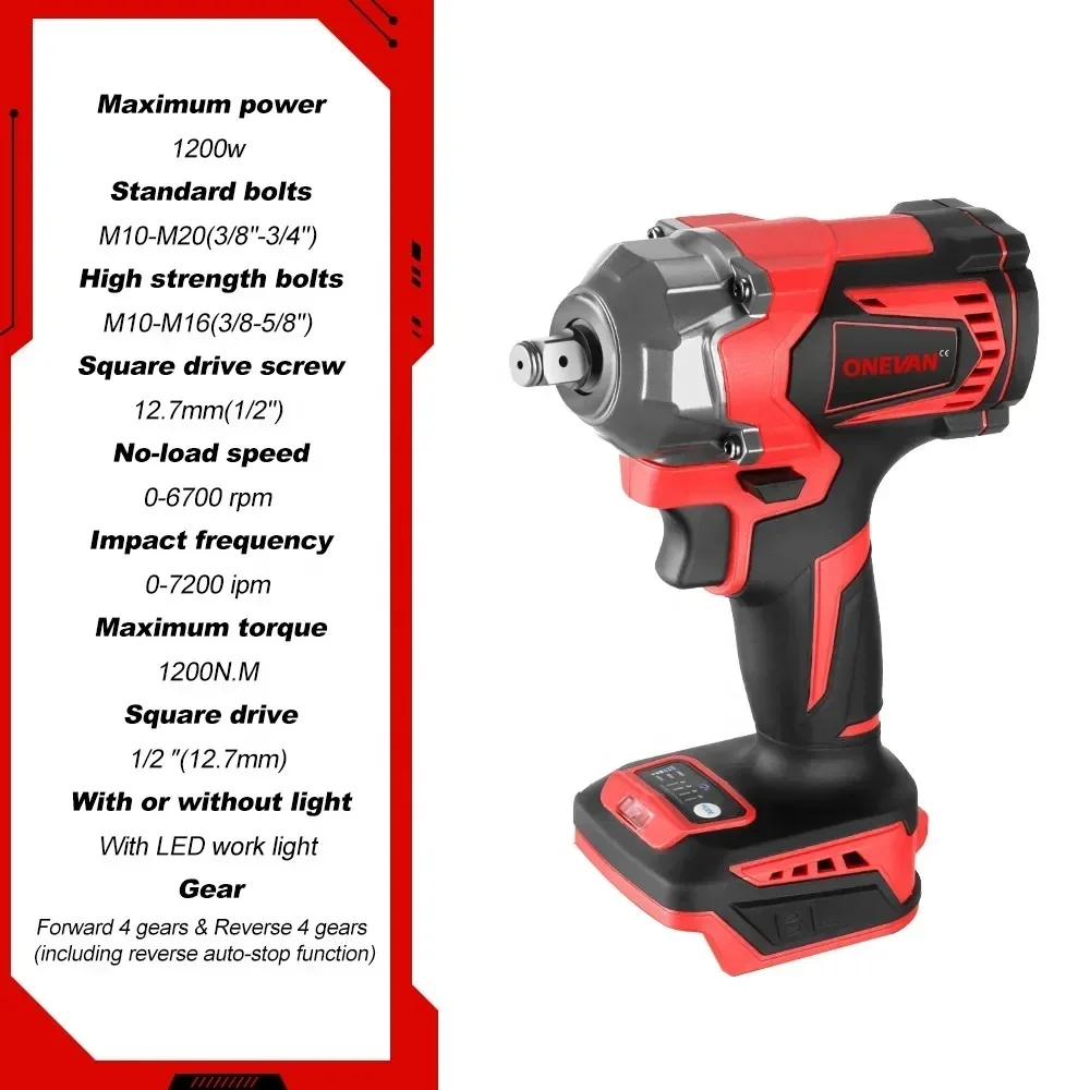 -for ONEVAN 1200Nm Brushless Electric Wrench DTW500 Cordless Impact Wrench Electric Screwdriver Power Tool For 18VMakita Battery