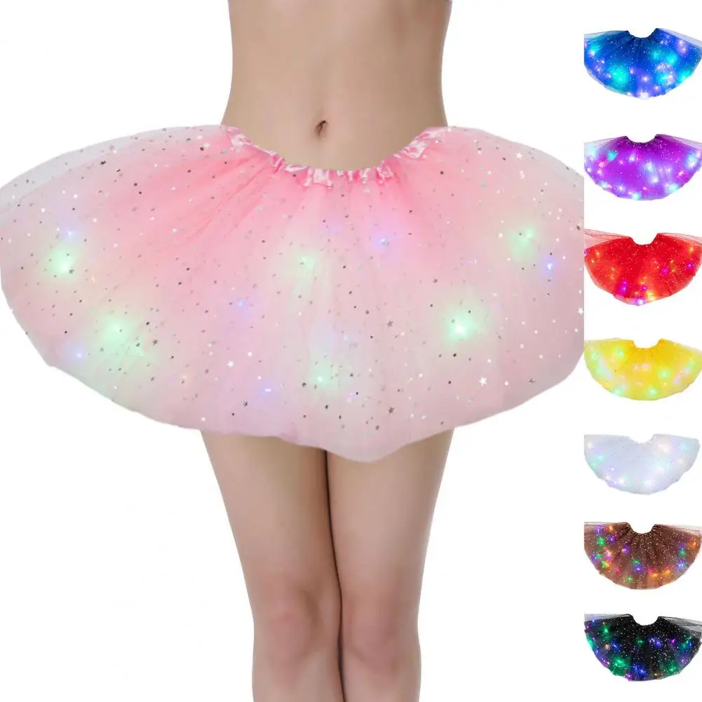 

Loose Hem Led Skirt with Star Sequin Light Up Mini Skirt Elastic Waist Lace Led Mini Pleated Skirt for Women's A-line Club Dance